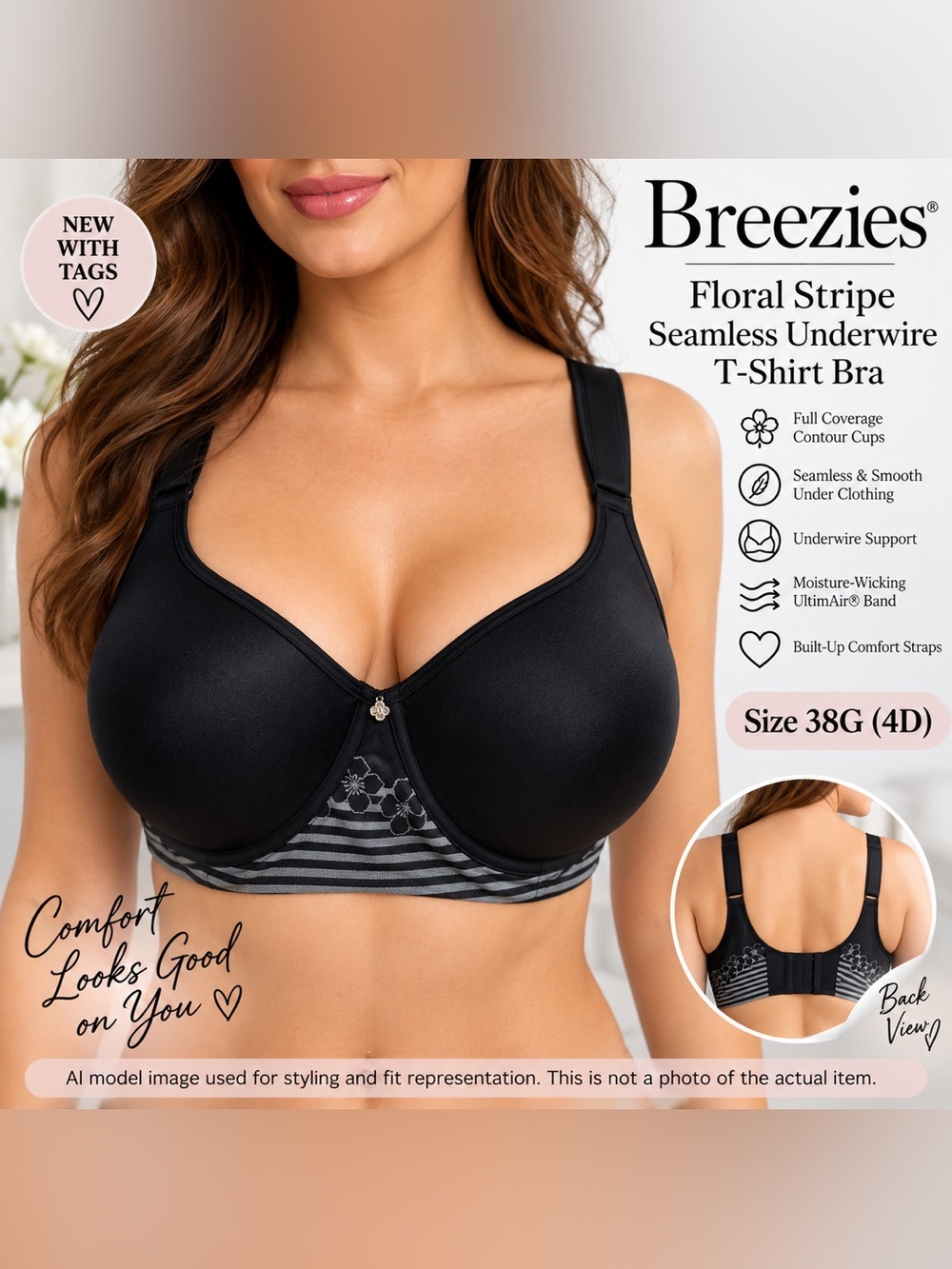 Breezies Floral Stripe Seamless Underwire T-Shirt Bra 38G Black